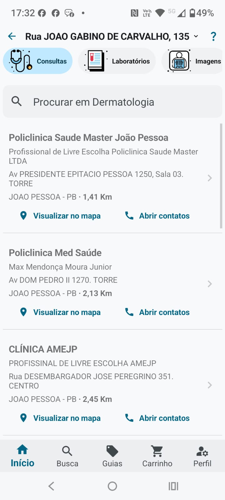 Tela de pesquisa do App ABRACBENS com clínicas, endereços e distâncias.
