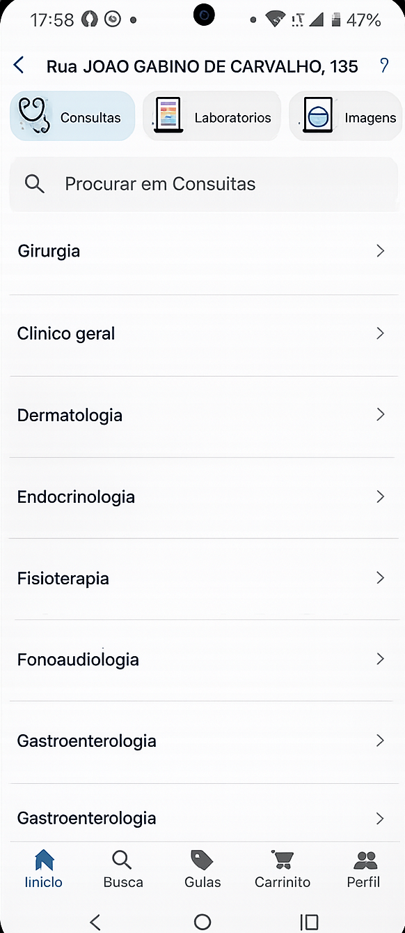 Tela do App ABRACBENS com a lista de especialidades disponíveis em Consultas.