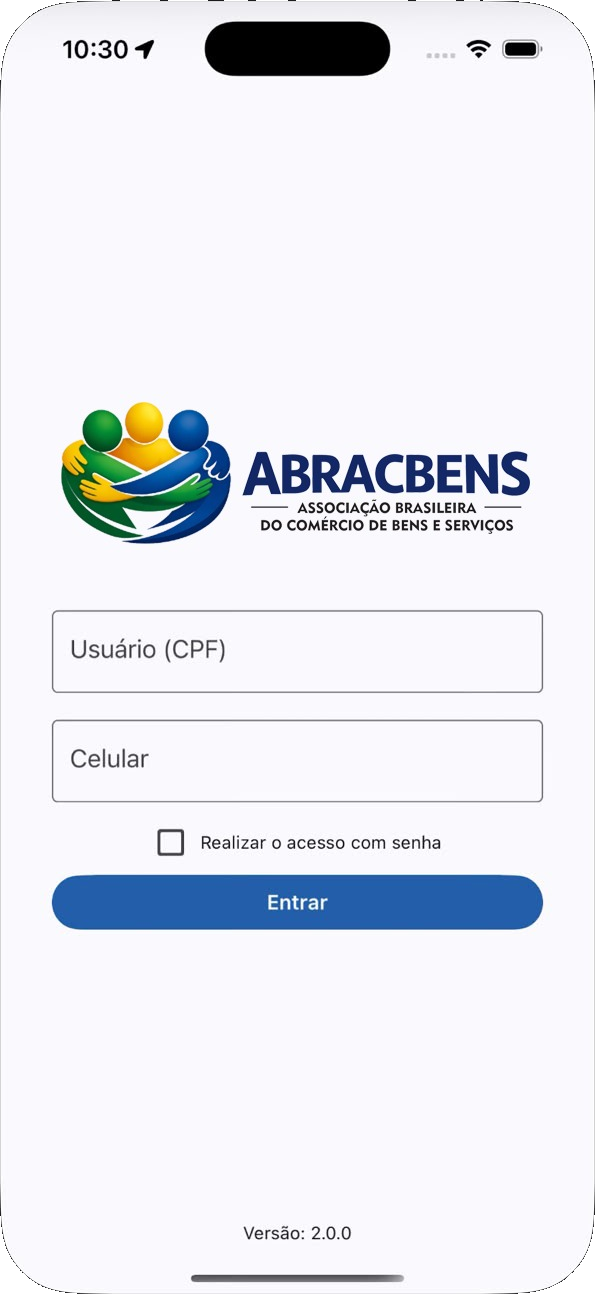 Tela de acesso do App ABRACBENS com campos de CPF e celular.