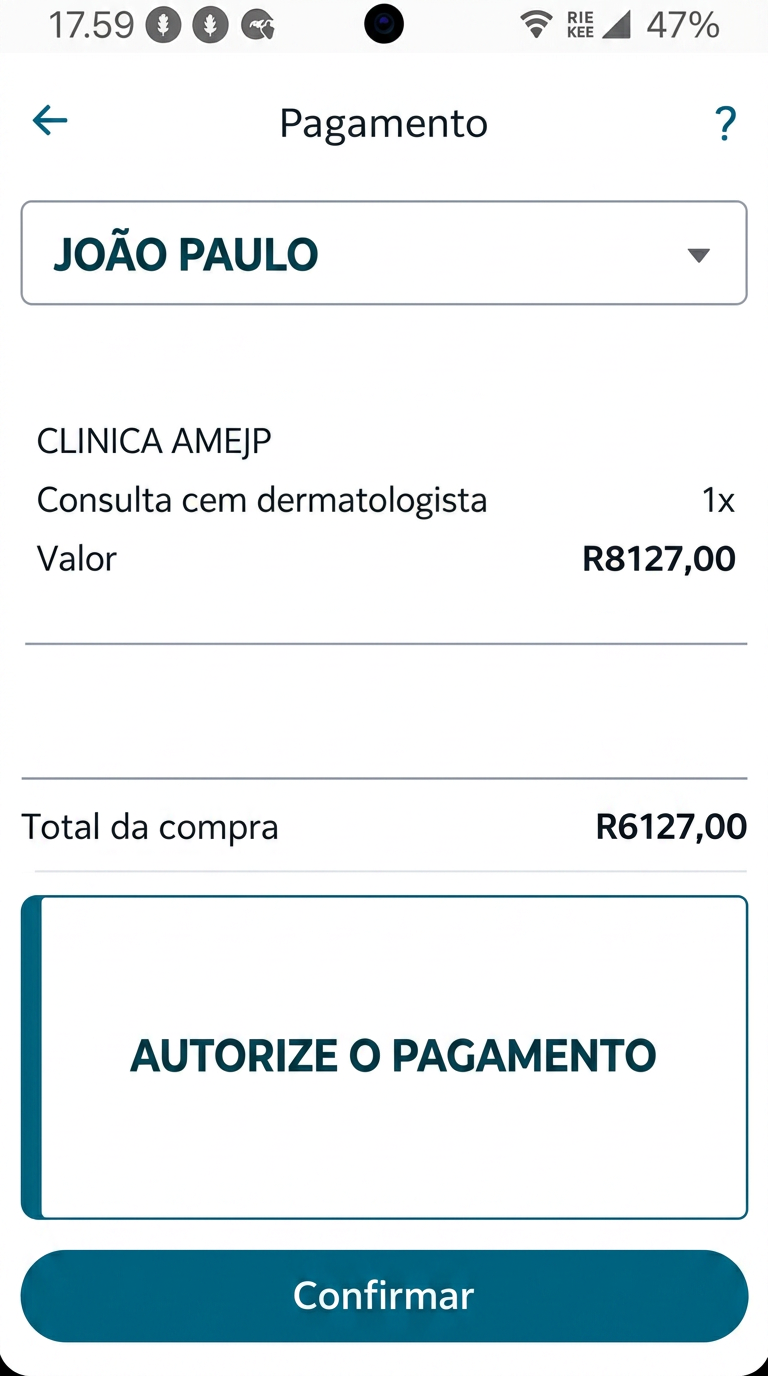 Tela de pagamento do App ABRACBENS com resumo da consulta e saldo em carteira.