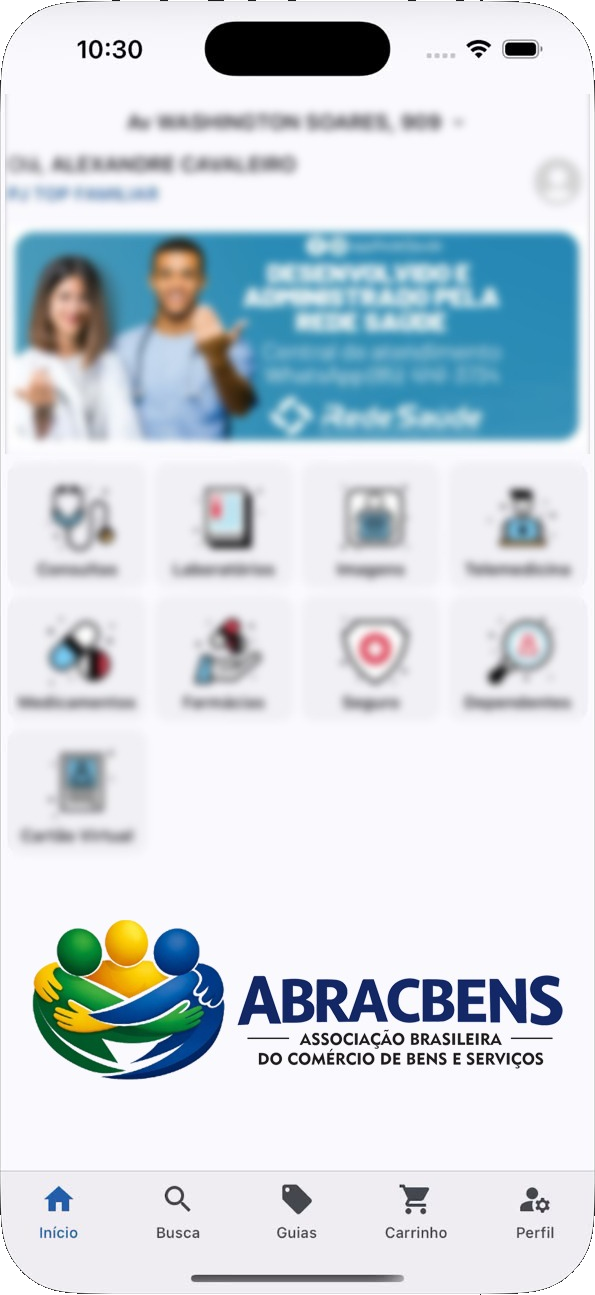 Página inicial do App ABRACBENS com os serviços disponíveis.